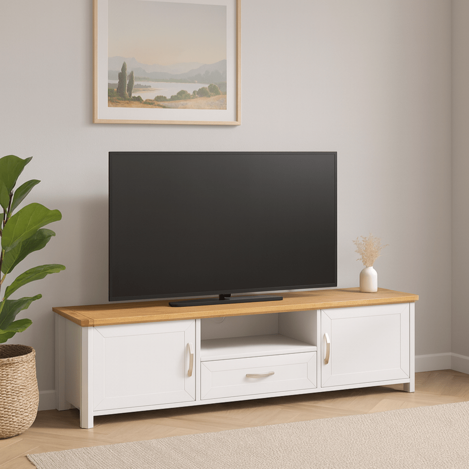 Stoven 1.8m TV unit in white with oak top holding a TV