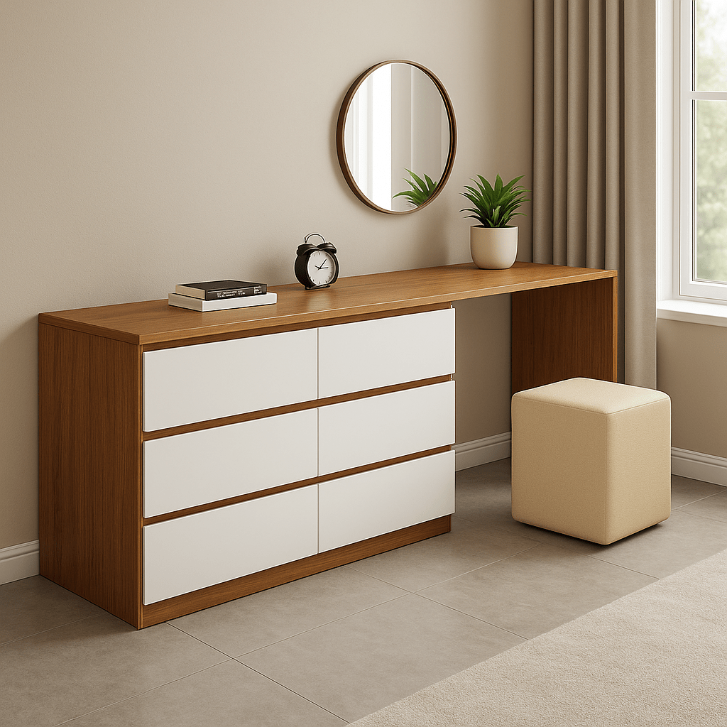 Polia six drawer chest with extension table, round mirror and stool
