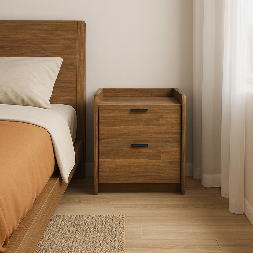 Corsi Classic elm bedside table with two drawers and black handles