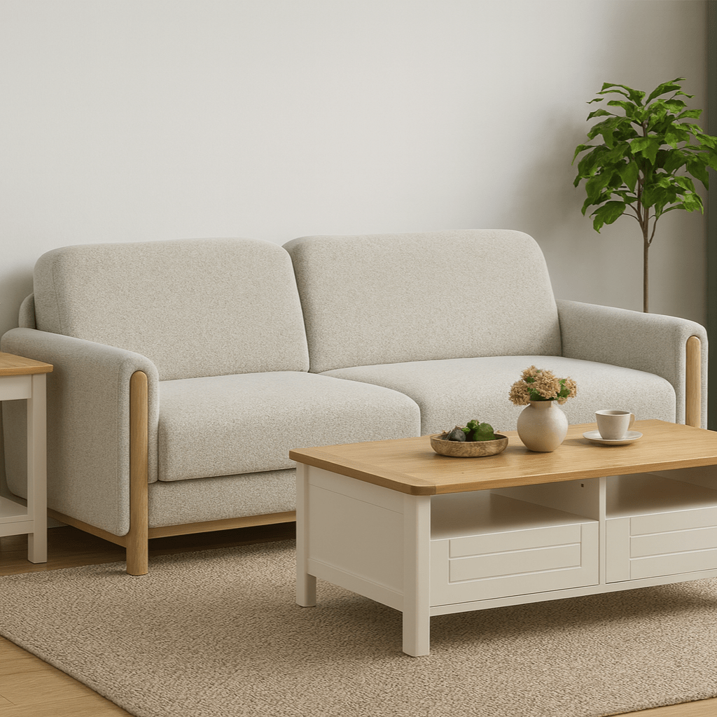Stoven cream fabric sofa with exposed wood frame beside a coffee table