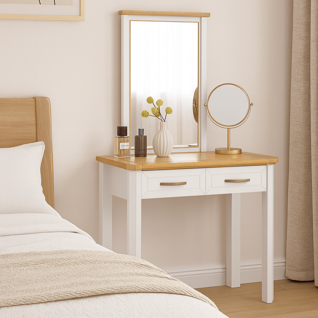Stoven two drawer dressing table in white and oak with round mirror