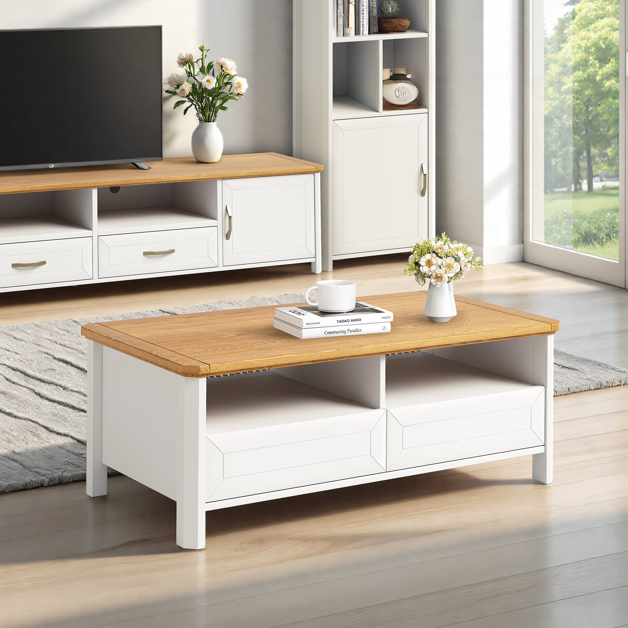 Stoven 1.2m coffee table in white and oak with two drawers