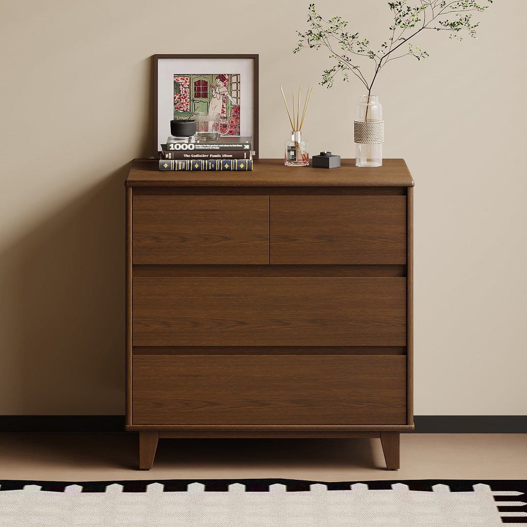 Arezzo four drawer lowboy in Claro Walnut with two small over two large drawers