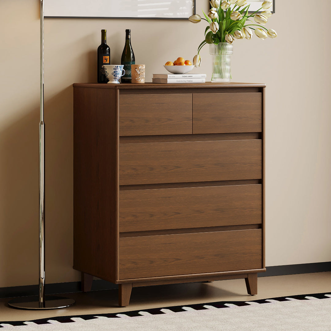Arezzo five drawer tallboy in Claro Walnut in a styled bedroom
