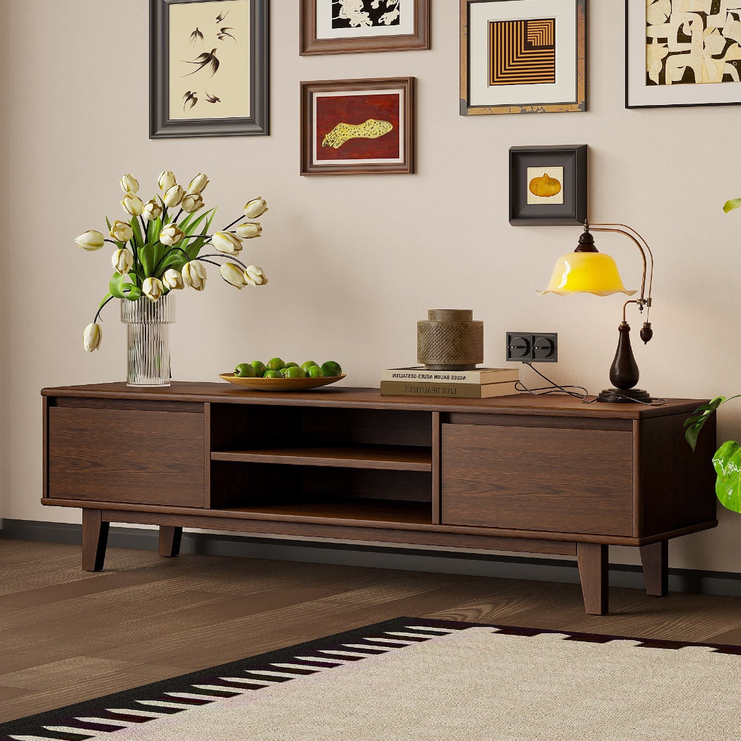 Arezzo walnut TV stand with mid-century legs below a gallery wall