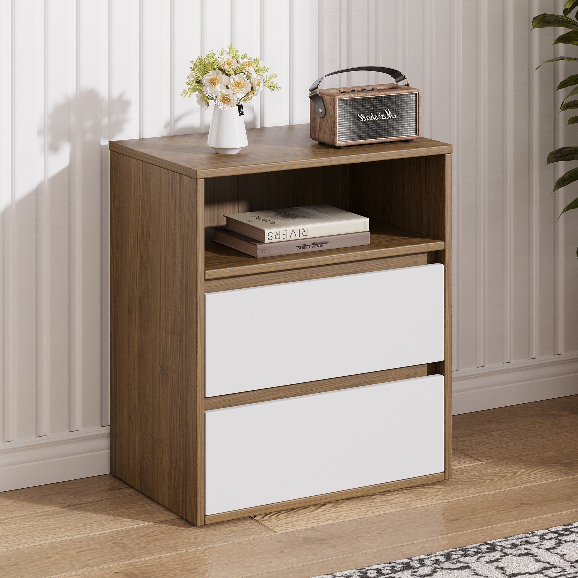 Polia two drawer lowboy with open shelf and white drawer fronts