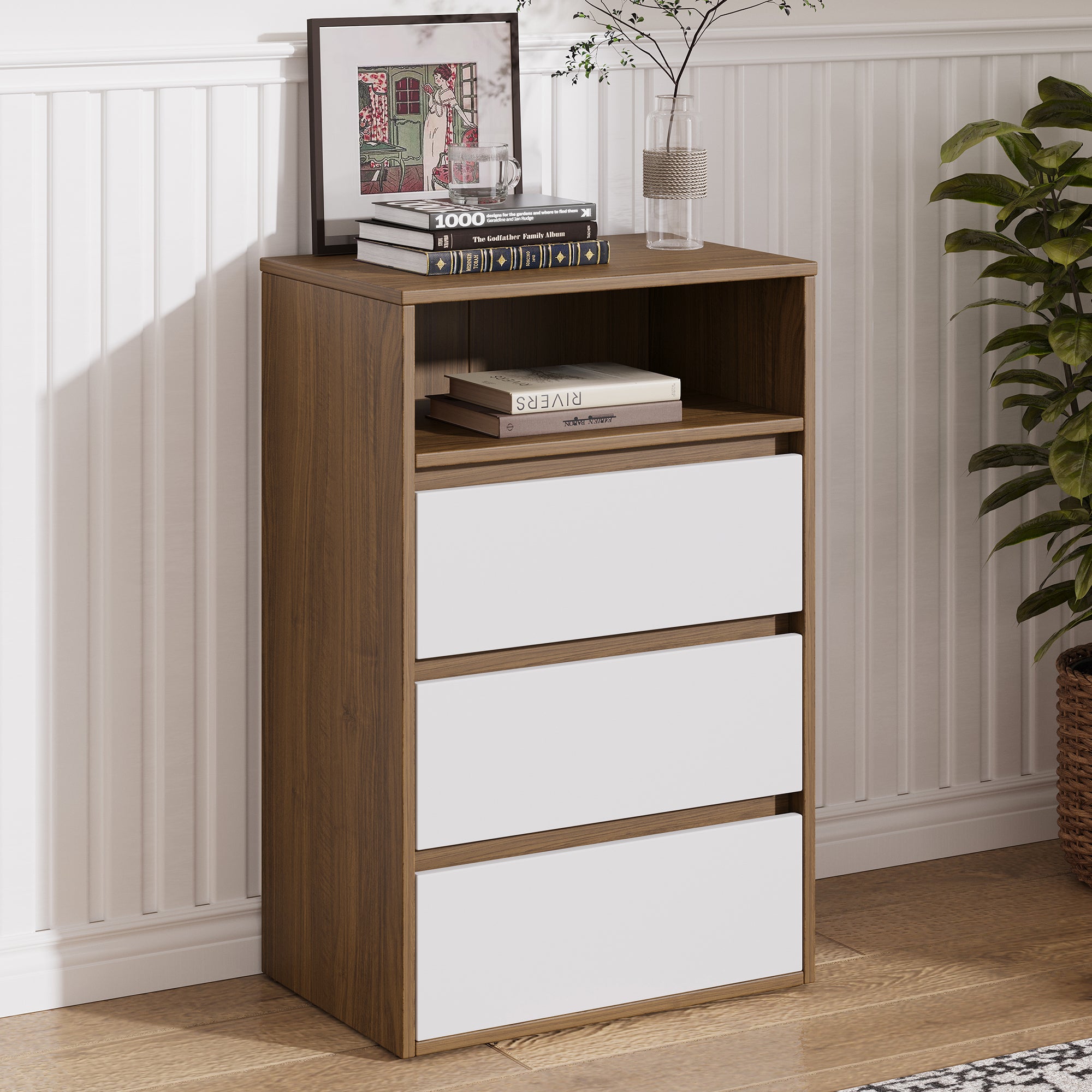 Polia three drawer lowboy in wood-look frame with white fronts