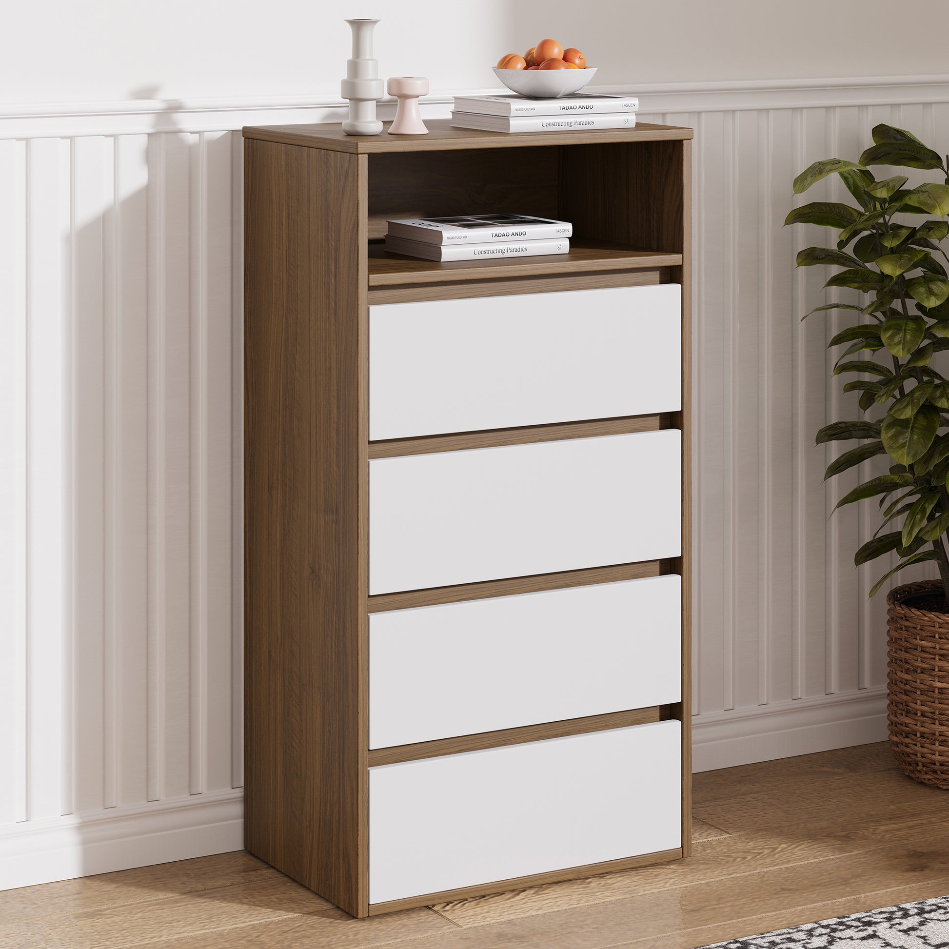 Polia four drawer tallboy with white drawers, wood frame and open top shelf