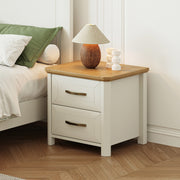 Stoven bedside table in white with natural wood top and two drawers