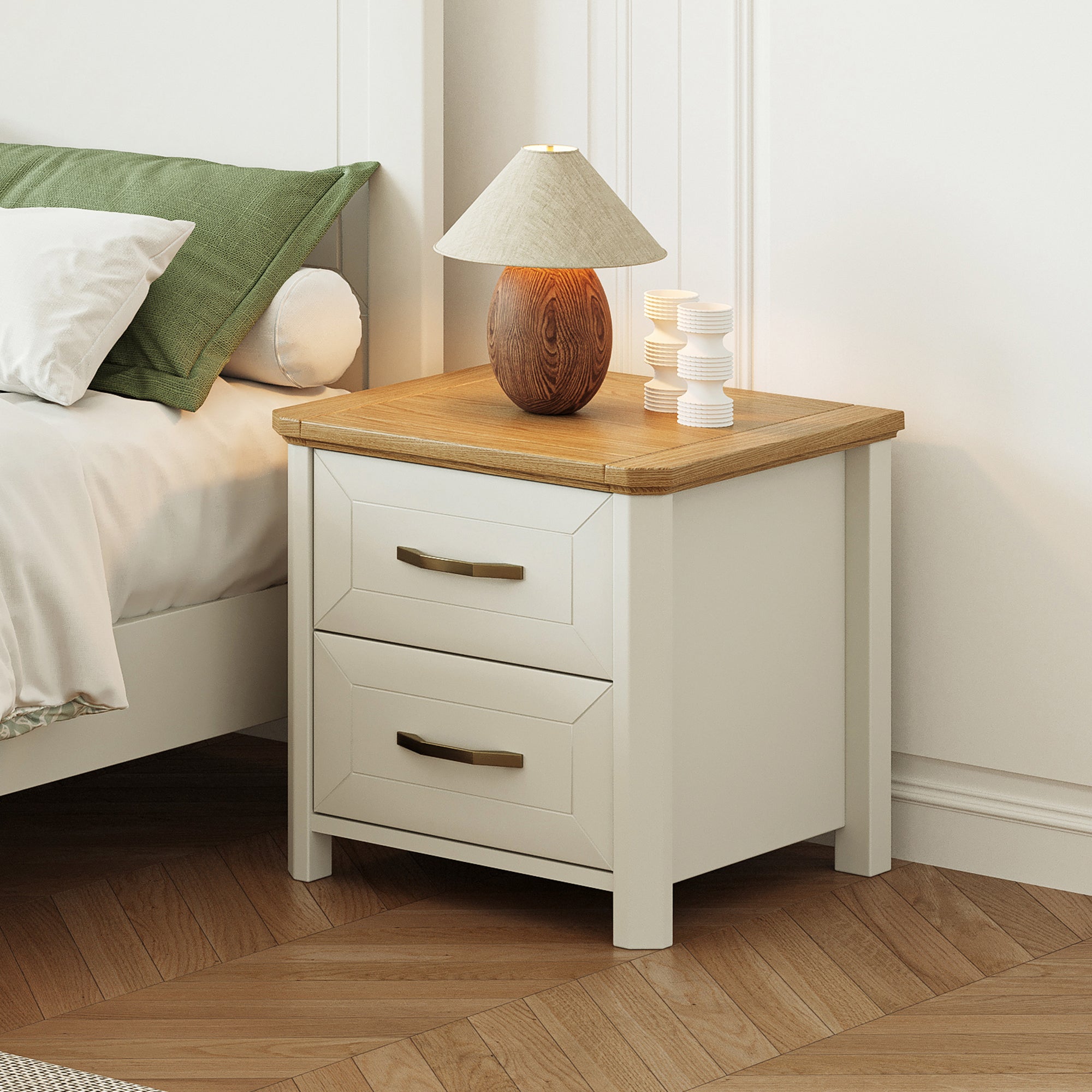 Stoven bedside table in white with natural wood top and two drawers