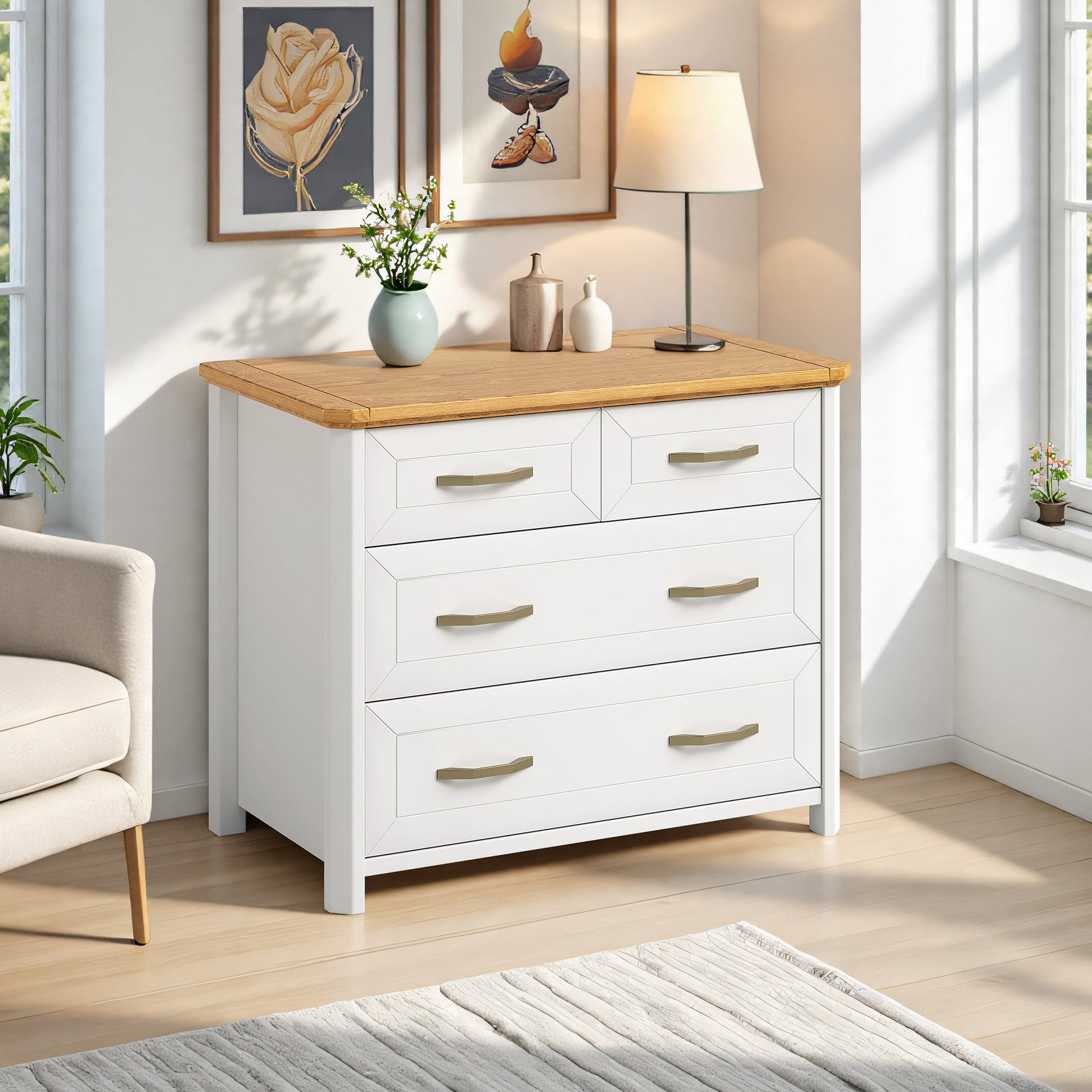 Stoven four drawer lowboy in white with natural wood top