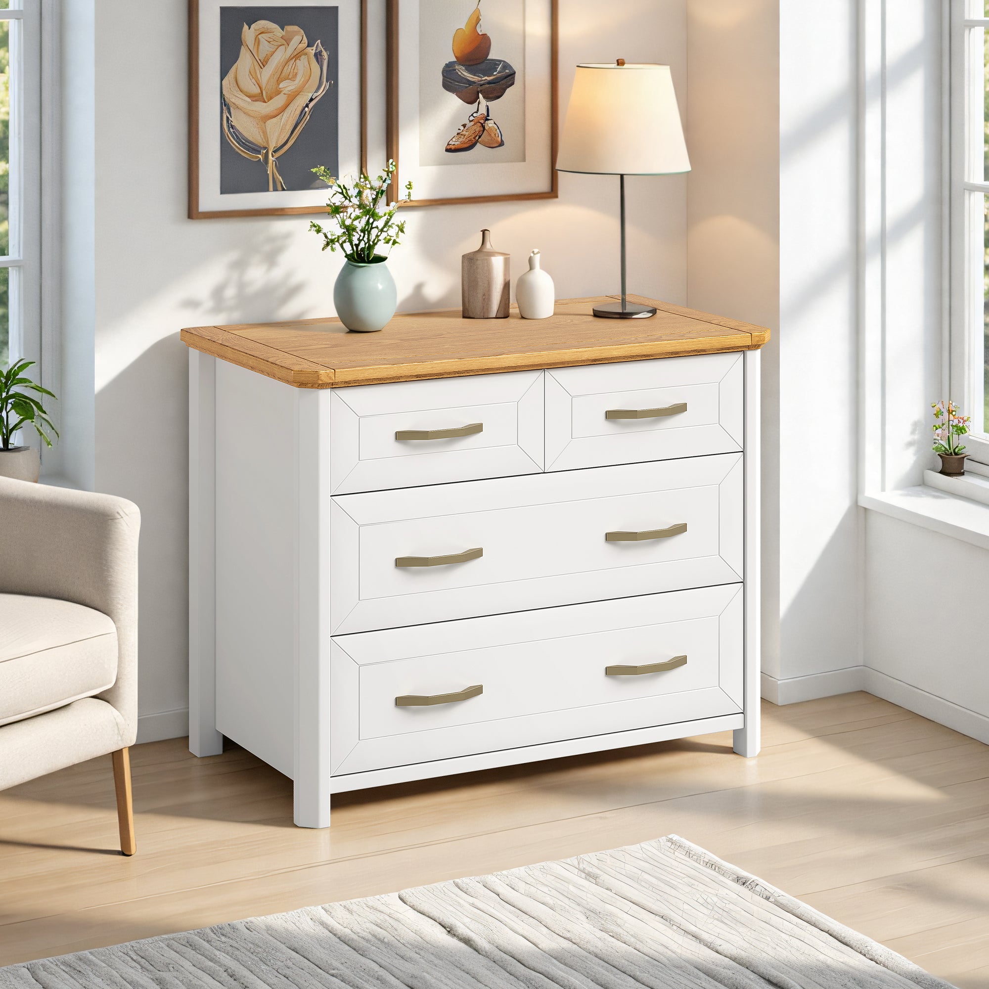 Stoven four drawer lowboy in white with natural wood top