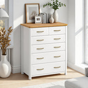 Stoven six drawer tallboy in white with natural wood top