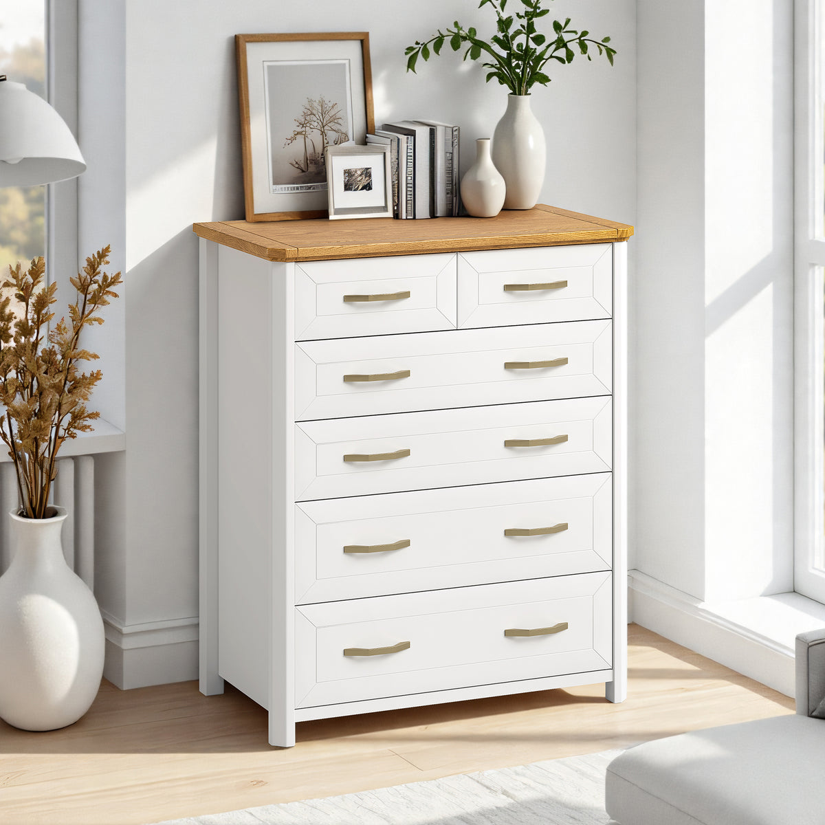 Stoven six drawer tallboy in white with natural wood top