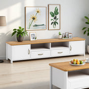 Stoven 2.4m white and oak entertainment unit in a bright living room