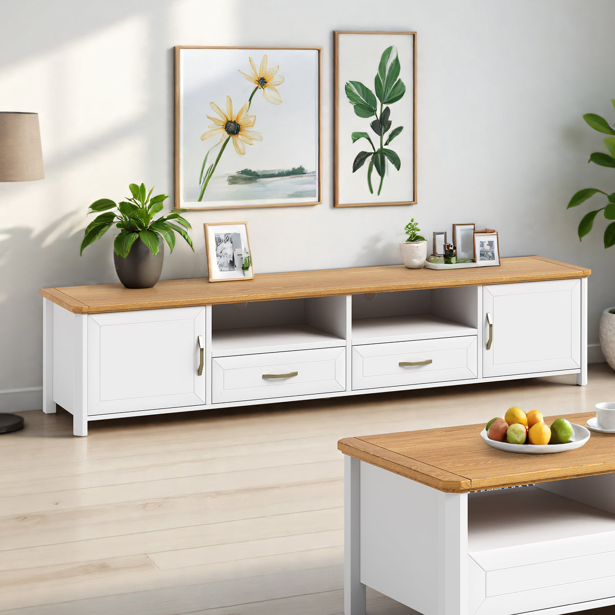 Stoven 2.4m white and oak entertainment unit in a bright living room