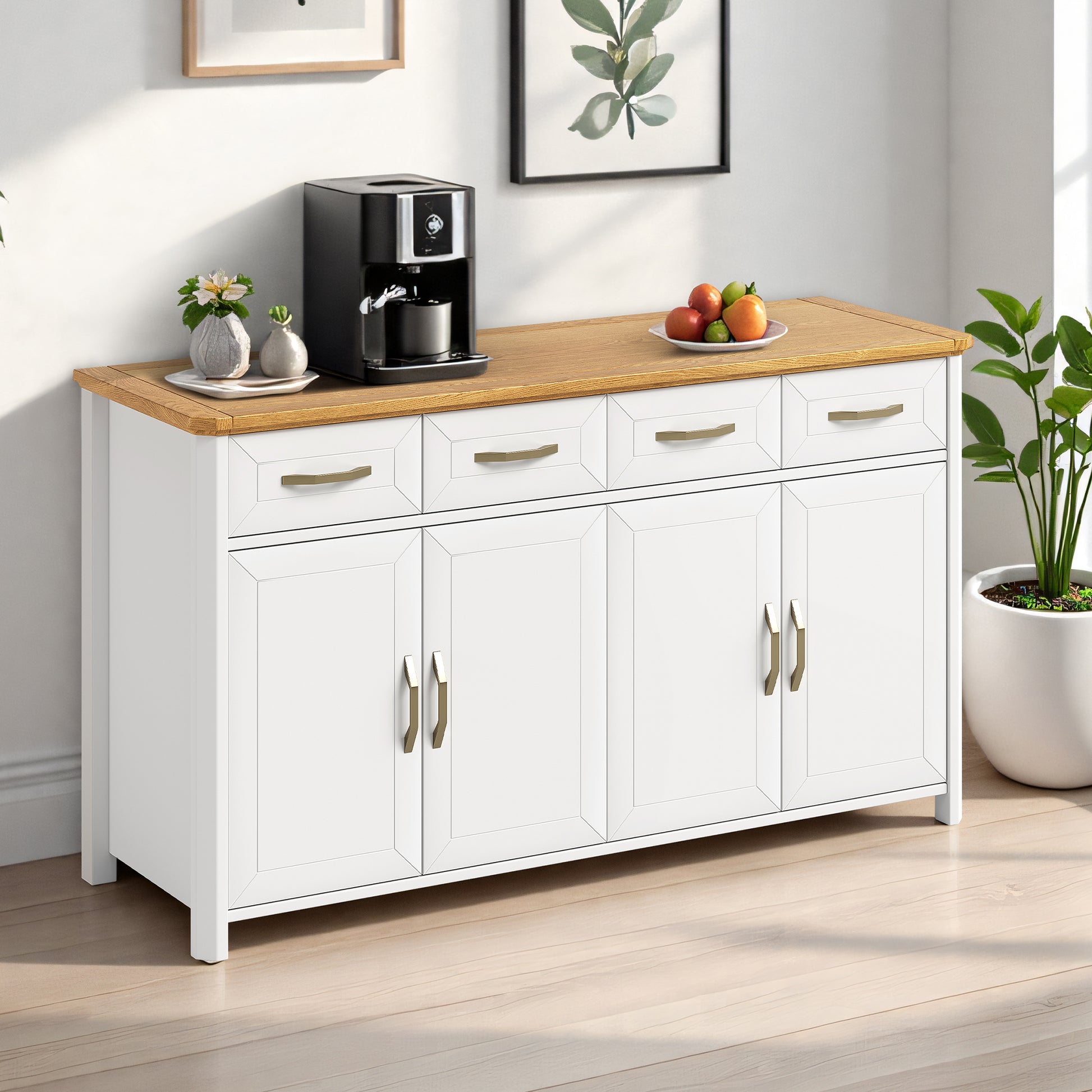 Stoven white sideboard with wood top styled with a coffee machine
