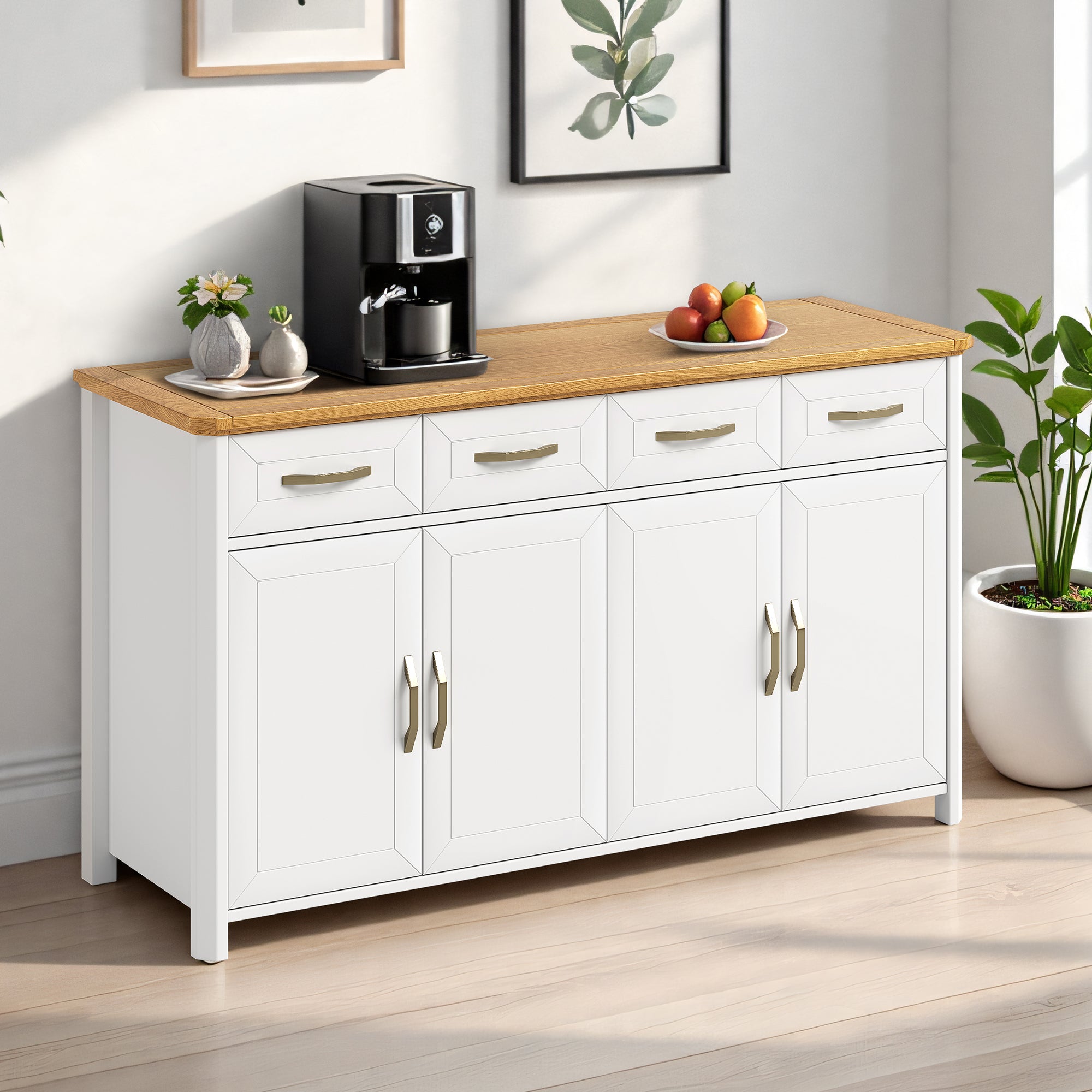 Stoven white sideboard with wood top styled with a coffee machine