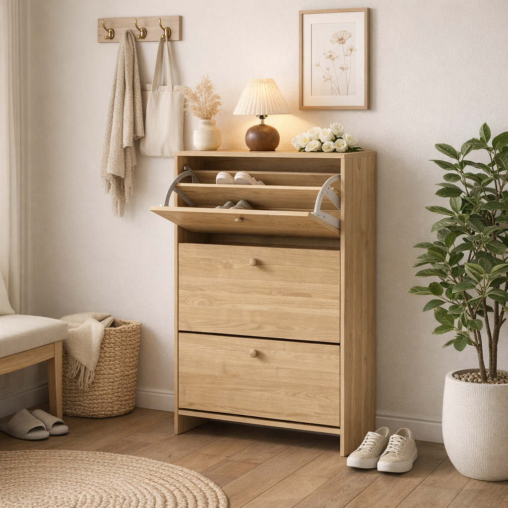 Sisco slim oak shoe cabinet with three flip drawers below wall hooks