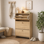 Sisco slim oak shoe cabinet with three flip drawers below wall hooks