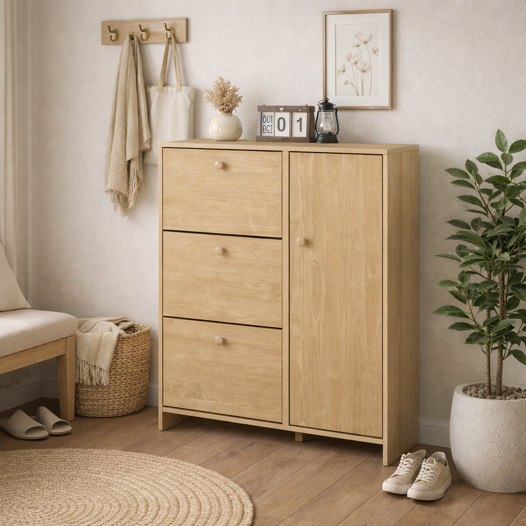 Sisco oak shoe cabinet with side door and flip drawers near coat hooks