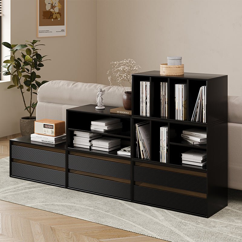 Desio black modular cabinets stacked as a staggered shelf unit