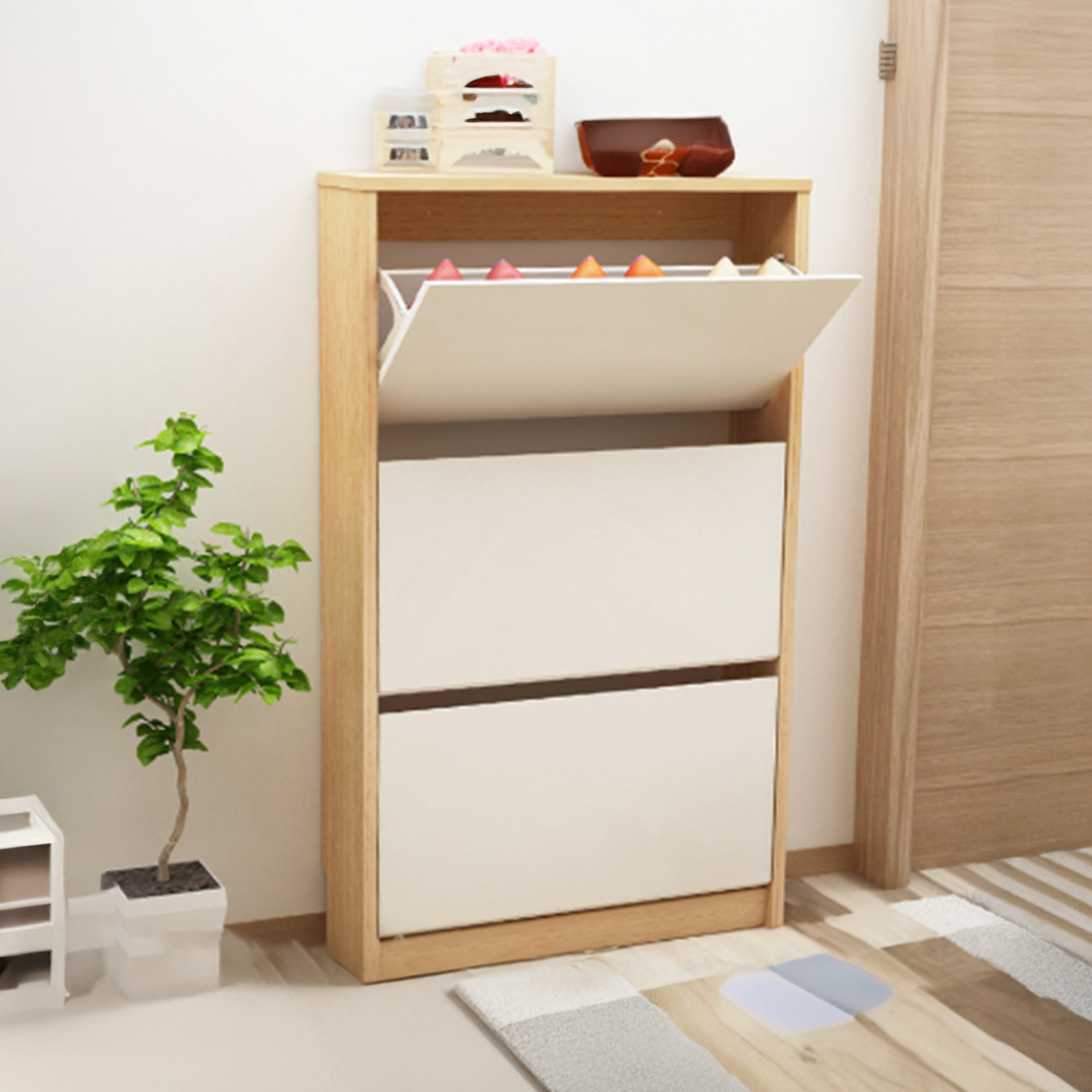 Monza slim white and oak shoe cabinet with three flip drawers