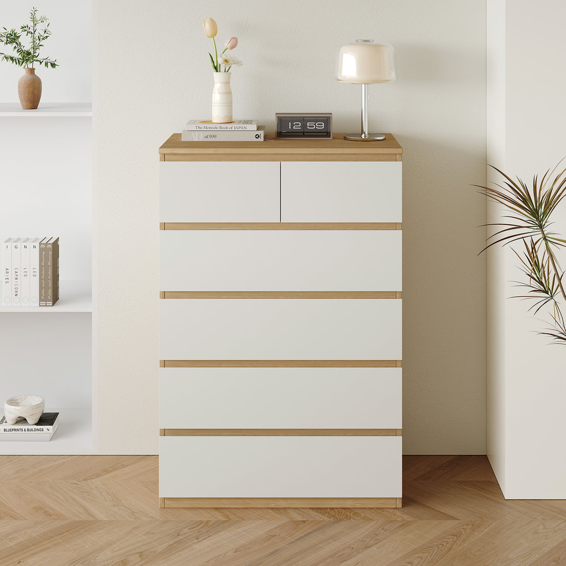 Sotta six drawer tallboy in oak and white in a bedroom