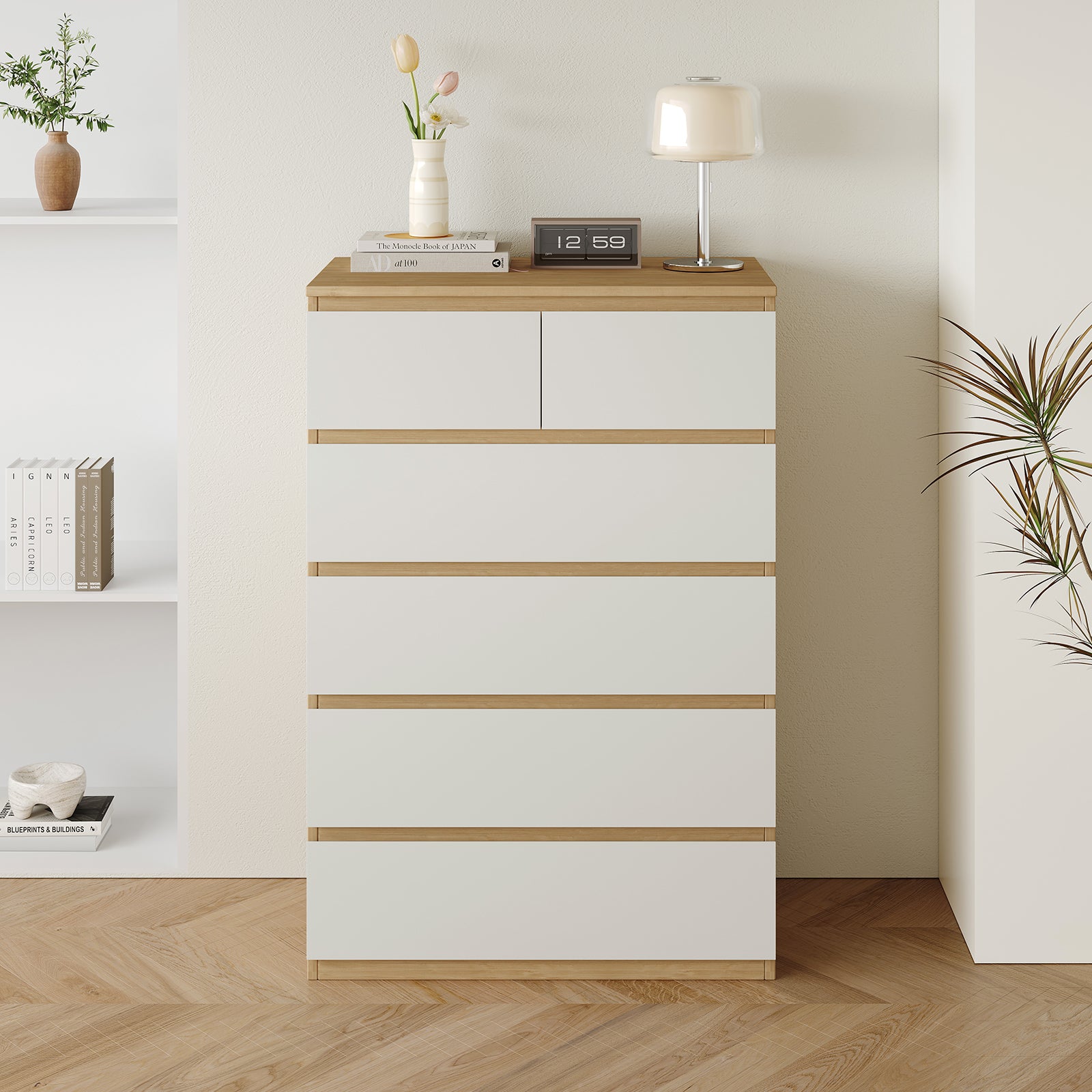 Sotta six drawer tallboy in oak and white in a bedroom