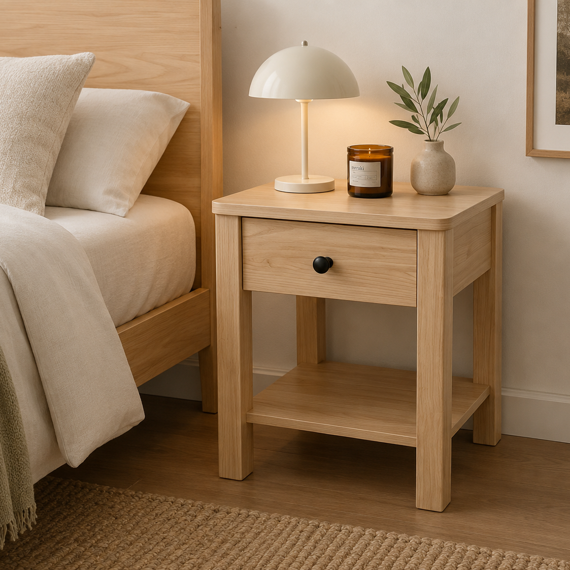 Modena compact light wood bedside table with drawer and open shelf