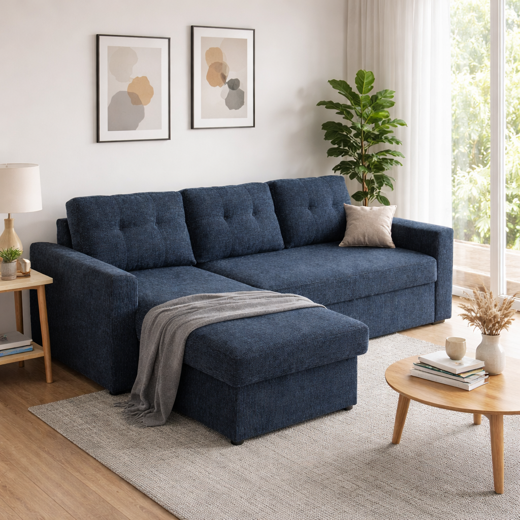 Nola navy blue sofa bed with reversible storage chaise in a living room