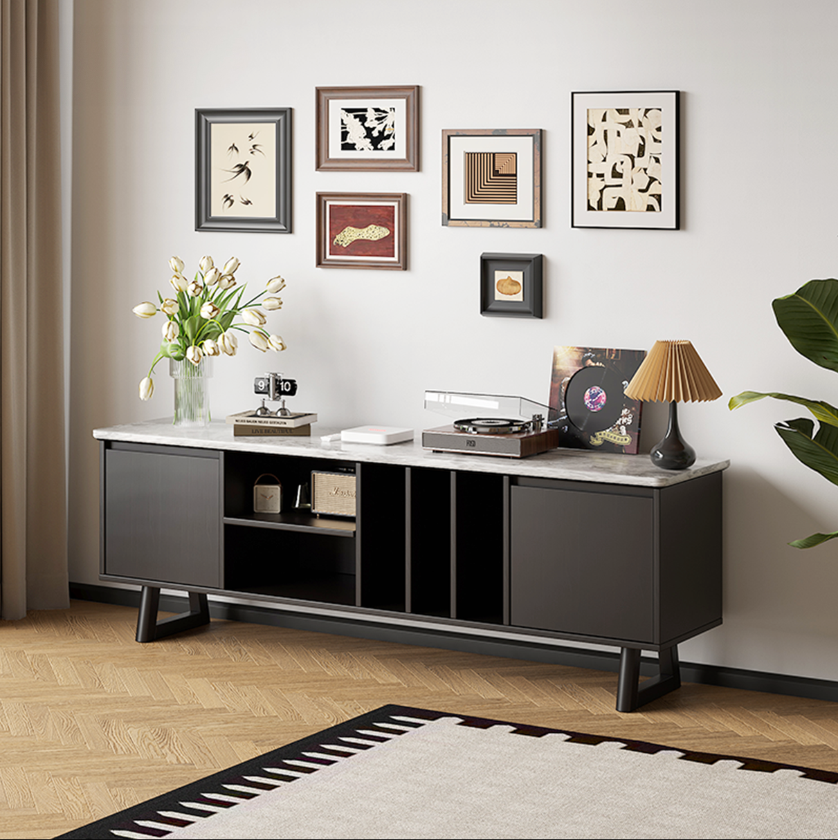 Morra black 2m TV stand with marble-effect top and records on shelves