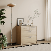 Platsa grey oak four drawer lowboy in a styled bedroom