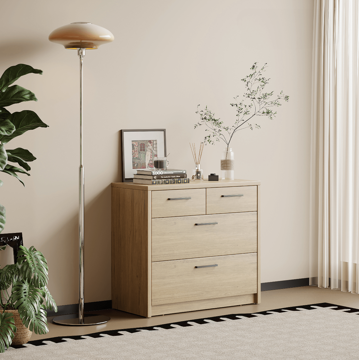 Platsa grey oak four drawer lowboy in a styled bedroom