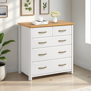 Stoven five drawer lowboy in white with wood top styled with a plant