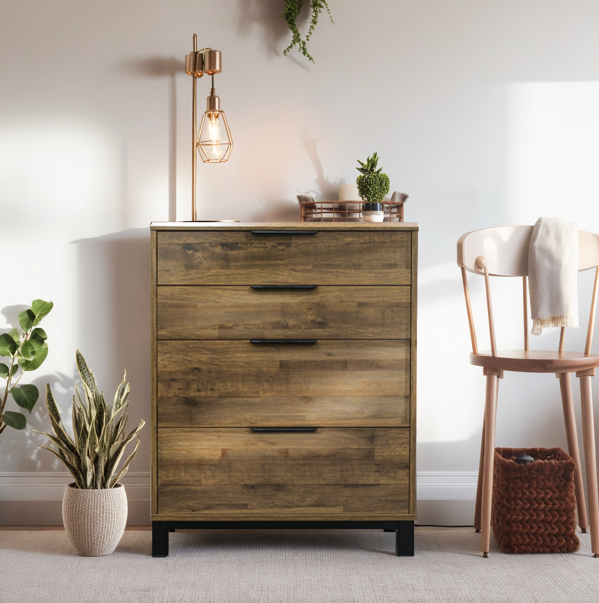 Corsi four drawer tallboy in dark elm with black handles