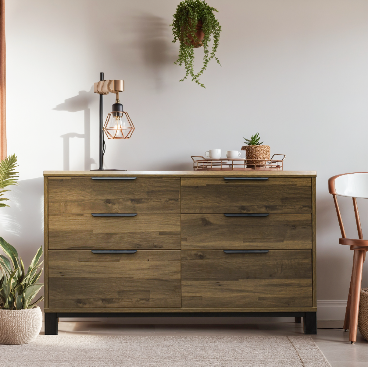 Corsi six drawer chest in dark elm wood with black accents