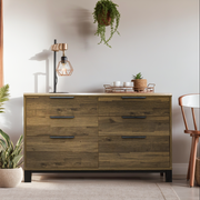 Corsi six drawer chest in dark elm wood with black accents