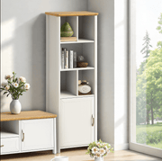 Stoven tall white cabinet shelf with oak accents by a window