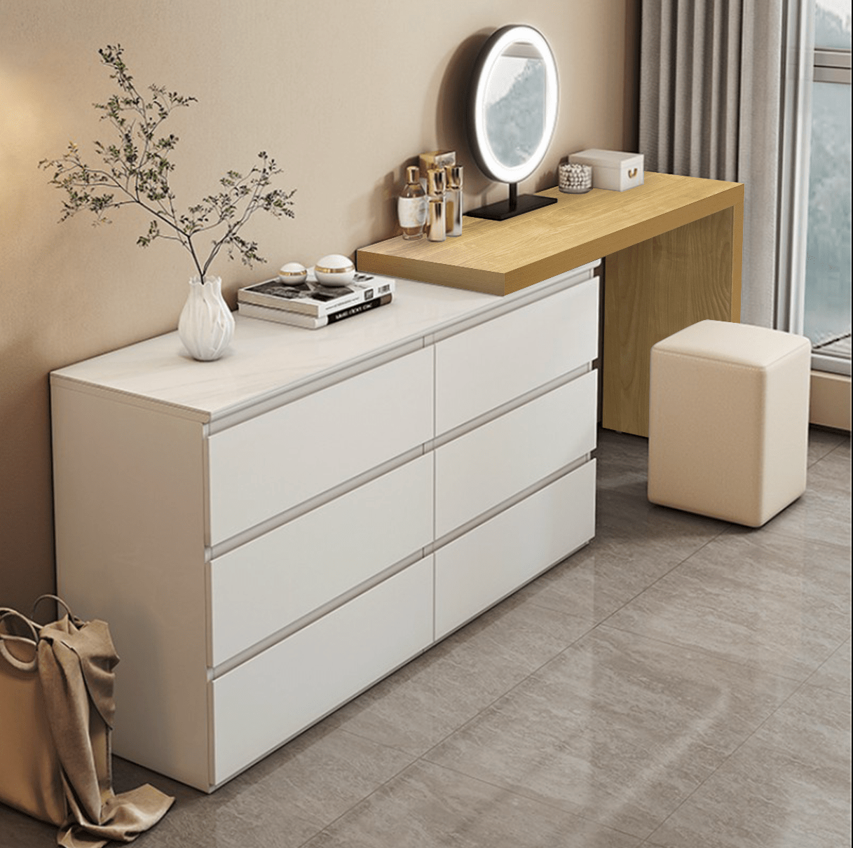 Sotta six drawer chest in white with extension table and mirror