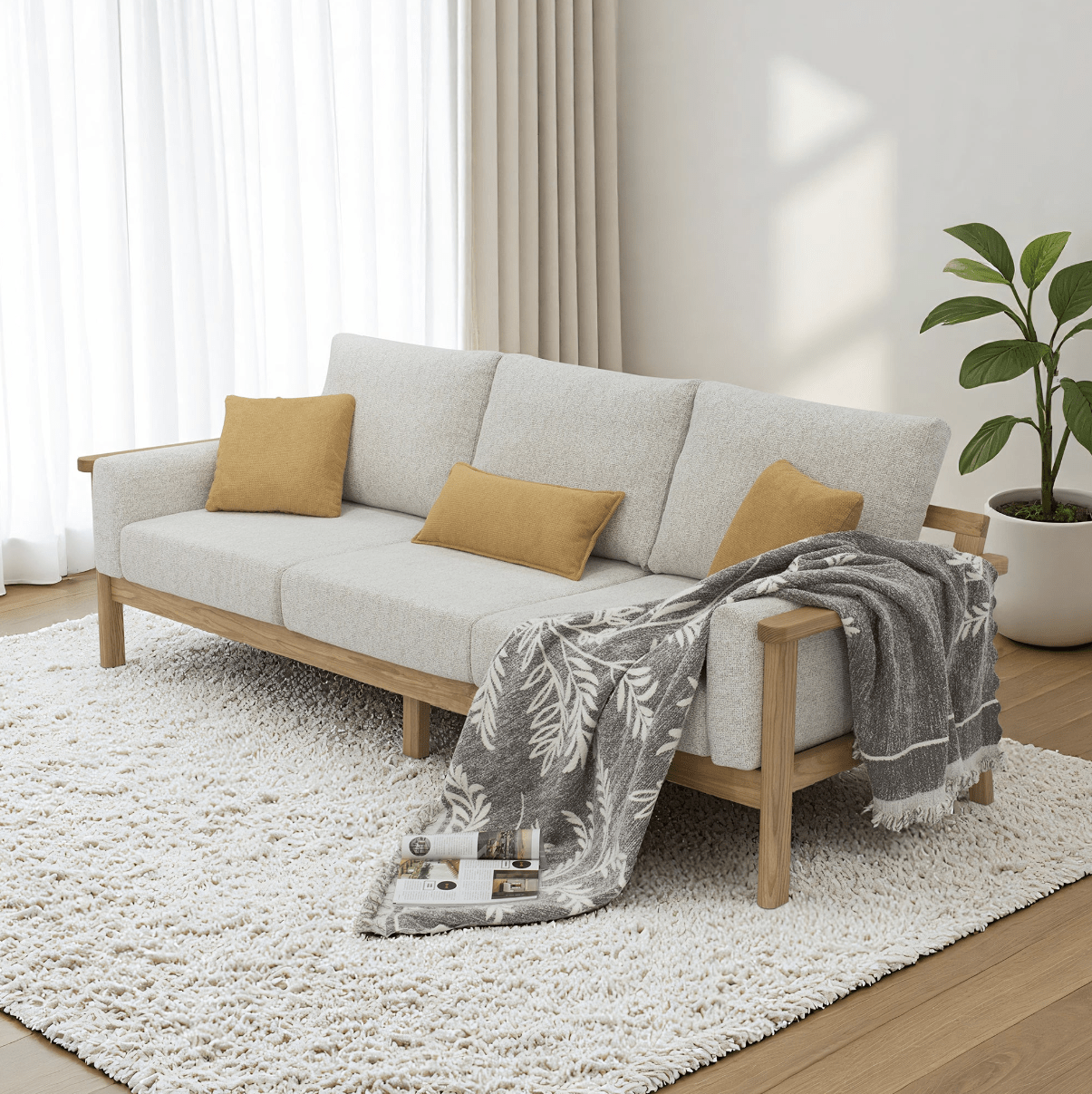 Remini cream three seater sofa with timber frame and lumbar cushions