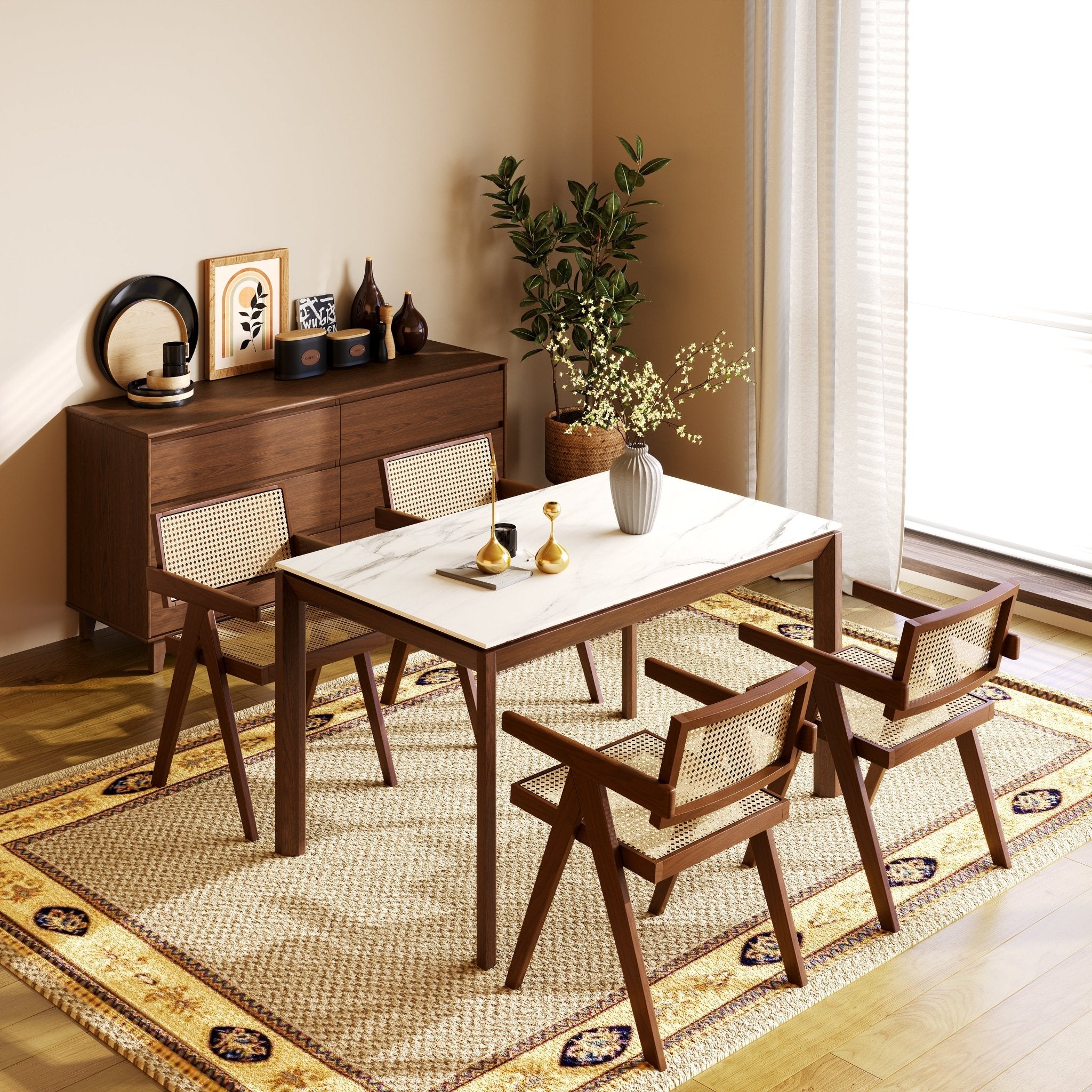 Arezzo 1.8m dining table with white ceramic marble-effect top and walnut legs