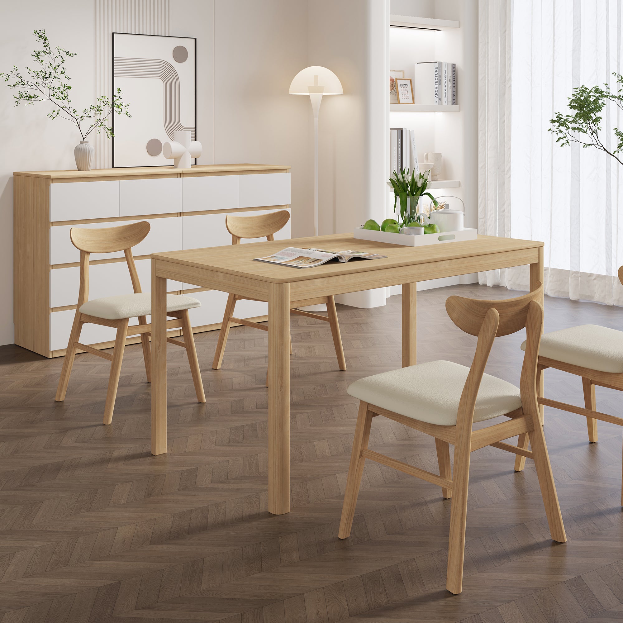 Modica minimal light wood dining table with cream upholstered chairs