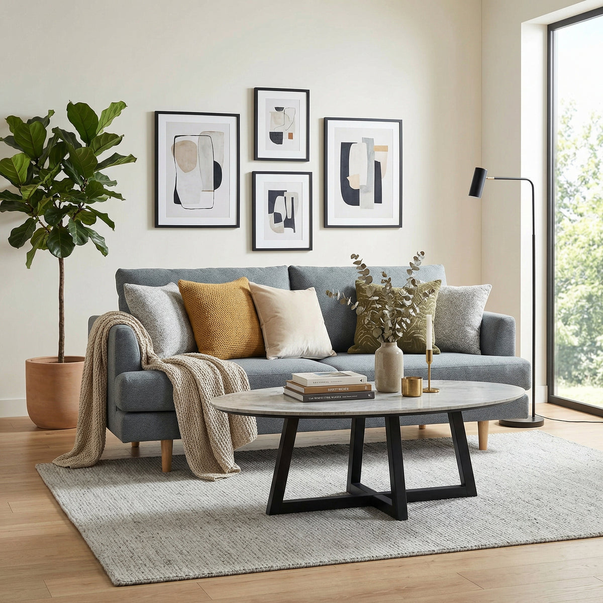 Tuscany two seater sofa in green-grey boucle fabric