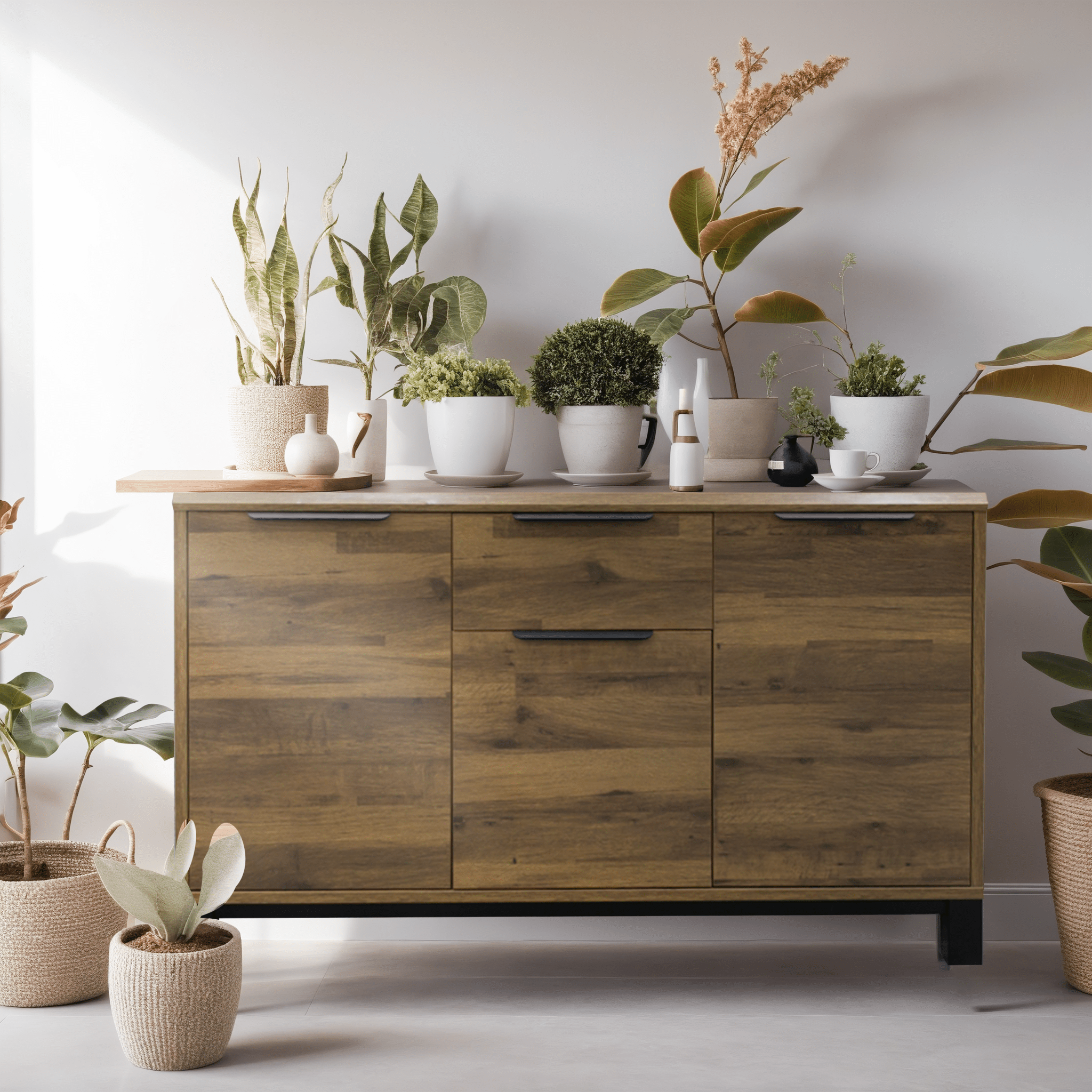 Corsi elmwood sideboard with two drawers styled with plants