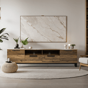 Corsi wood TV unit with black metal legs styled with marble artwork
