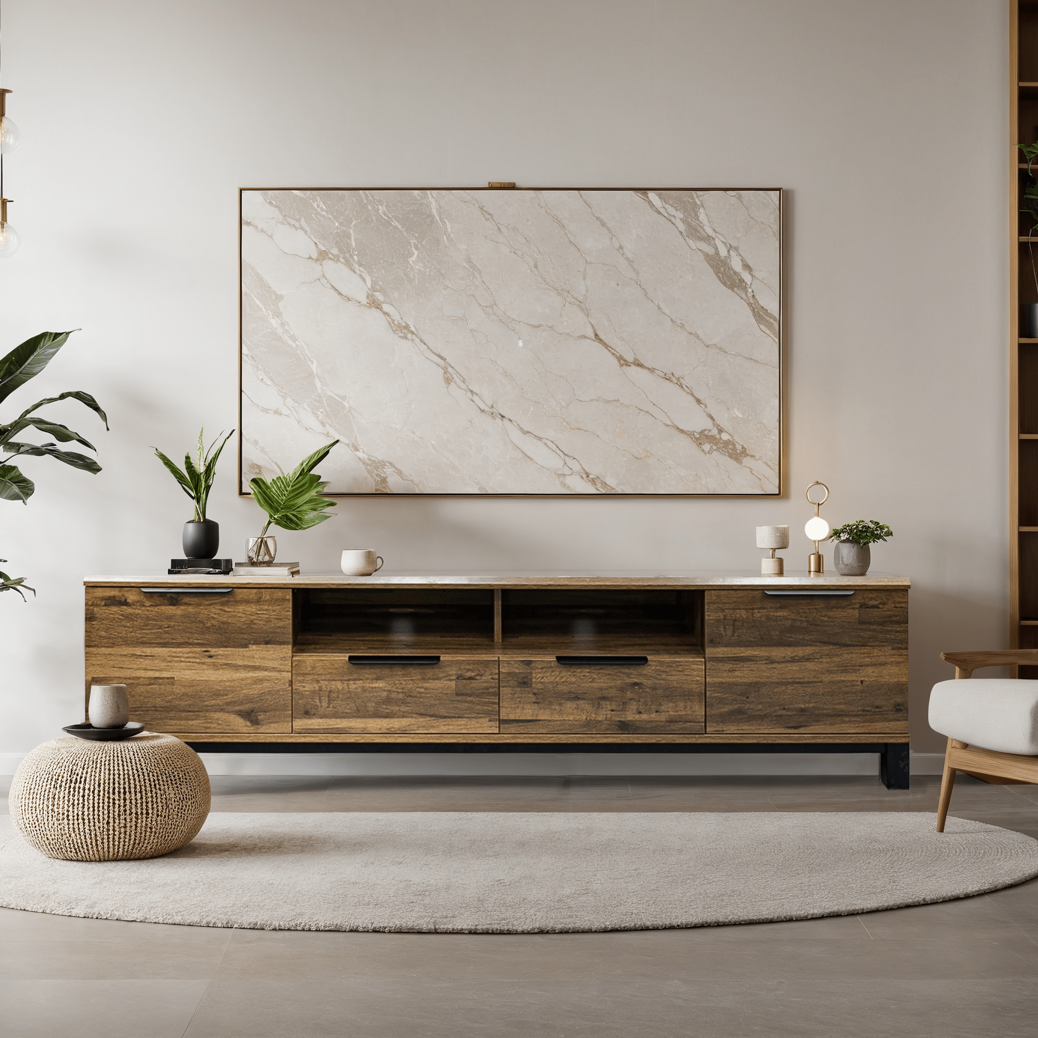 Corsi wood TV unit with black metal legs styled with marble artwork