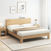 Modena oak bed frame with rounded low-profile headboard styled in a neutral bedroom