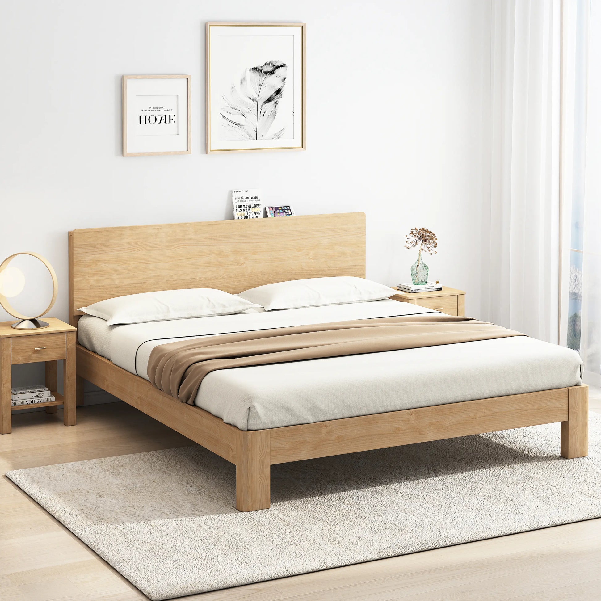 Modena oak bed frame with rounded low-profile headboard styled in a neutral bedroom