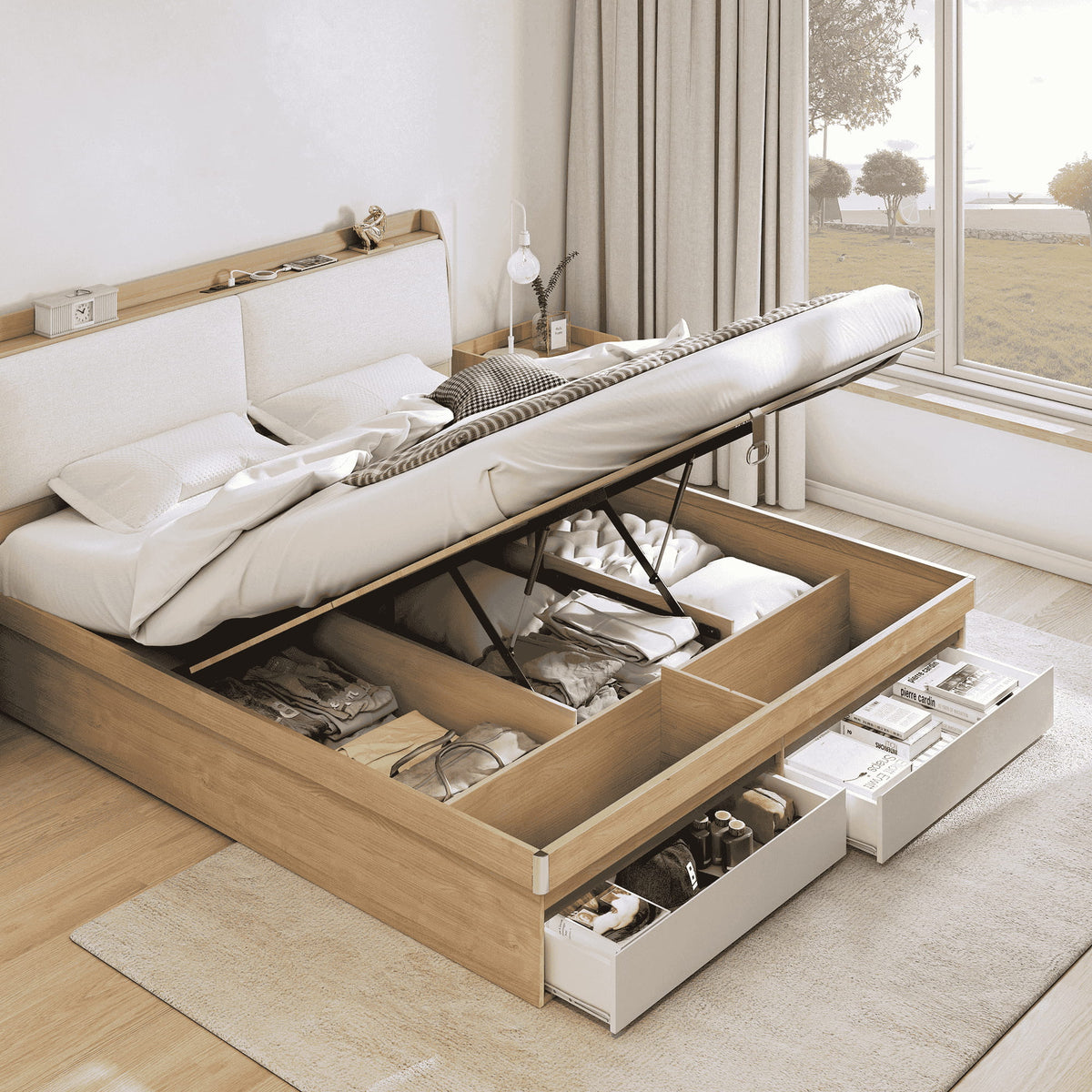 Turin gas lift storage bed base open showing under-bed boxes and front drawers
